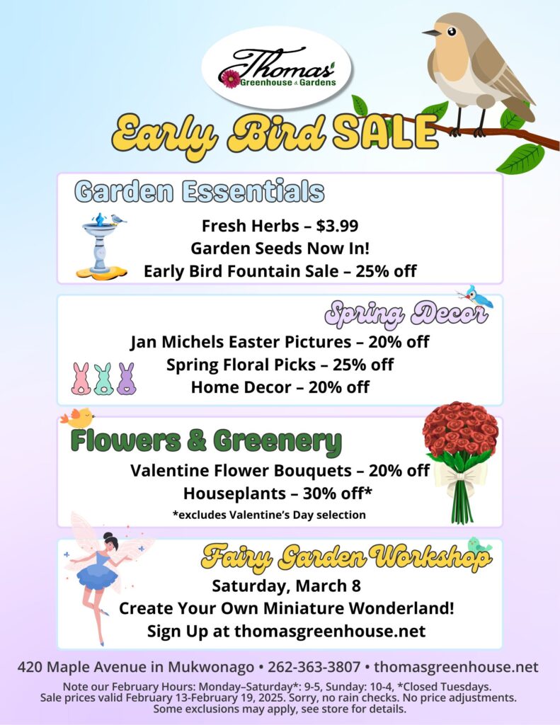 TGH 2-12 (1) A flyer for Thomas Greenhouse & Gardens' Early Bird Sale, happening February 13-19, 2025. The flyer has a light blue background with a small brown bird sitting on a branch near the title. The sale is divided into four categories, each in a separate colored box with small themed icons: Garden Essentials – Fresh herbs for $3.99, garden seeds now in stock, and 25% off fountains (illustrated by a small blue and white fountain graphic). Spring Decor – 20% off Jan Michels Easter pictures, 25% off spring floral picks, and 20% off home decor (accompanied by pastel-colored bunny silhouettes and a small blue dragonfly). Flowers & Greenery – 20% off Valentine flower bouquets and 30% off houseplants, with a note that the discount excludes the Valentine’s Day selection (visualized by a bouquet icon with a cream-colored bow). Fairy Garden Workshop – Happening Saturday, March 8, where participants can create their own miniature fairy garden. The flyer instructs customers to sign up at thomasgreenhouse.net (illustrated by a fairy with wings, wearing a blue tutu). At the bottom, the flyer lists the store's address (420 Maple Avenue, Mukwonago, Wisconsin), phone number (262-363-3807), and website (thomasgreenhouse.net). Sale Exclusions & Policies (Small Print at the Bottom): Sale prices valid February 13-19, 2025. No rain checks. Items available only while supplies last. No price adjustments. Prices cannot be modified for prior purchases. Some exclusions may apply. Customers are encouraged to check in-store for more details. Also included are the February store hours: Monday-Saturday: 9 AM - 5 PM, Sunday: 10 AM - 4 PM. Closed Tuesdays.