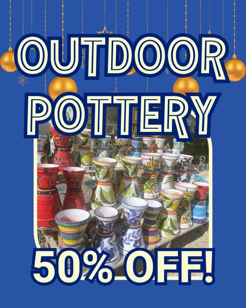 Colorful outdoor pottery selection on display at Thomas Greenhouse & Gardens, Mukwonago, WI, 50% off